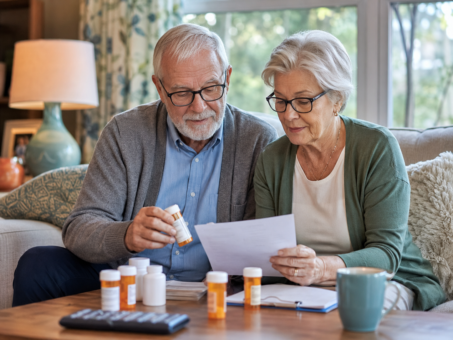 Senior couple reviewing prescriptions and medication information before a Medicare review